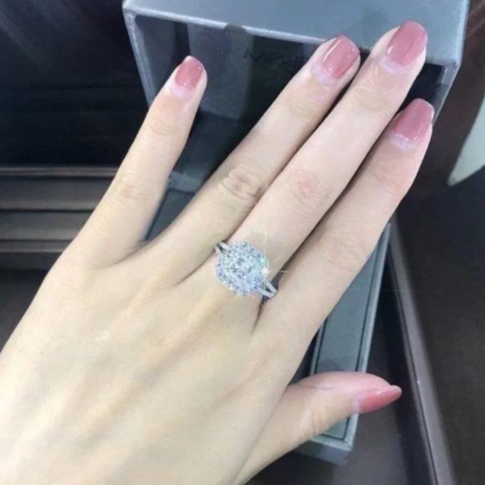 NEW 925 STERLING SILVER DIAMOND HALO SQUARE RING, CUTE RING, SHINY RING. - Picture 2 of 6